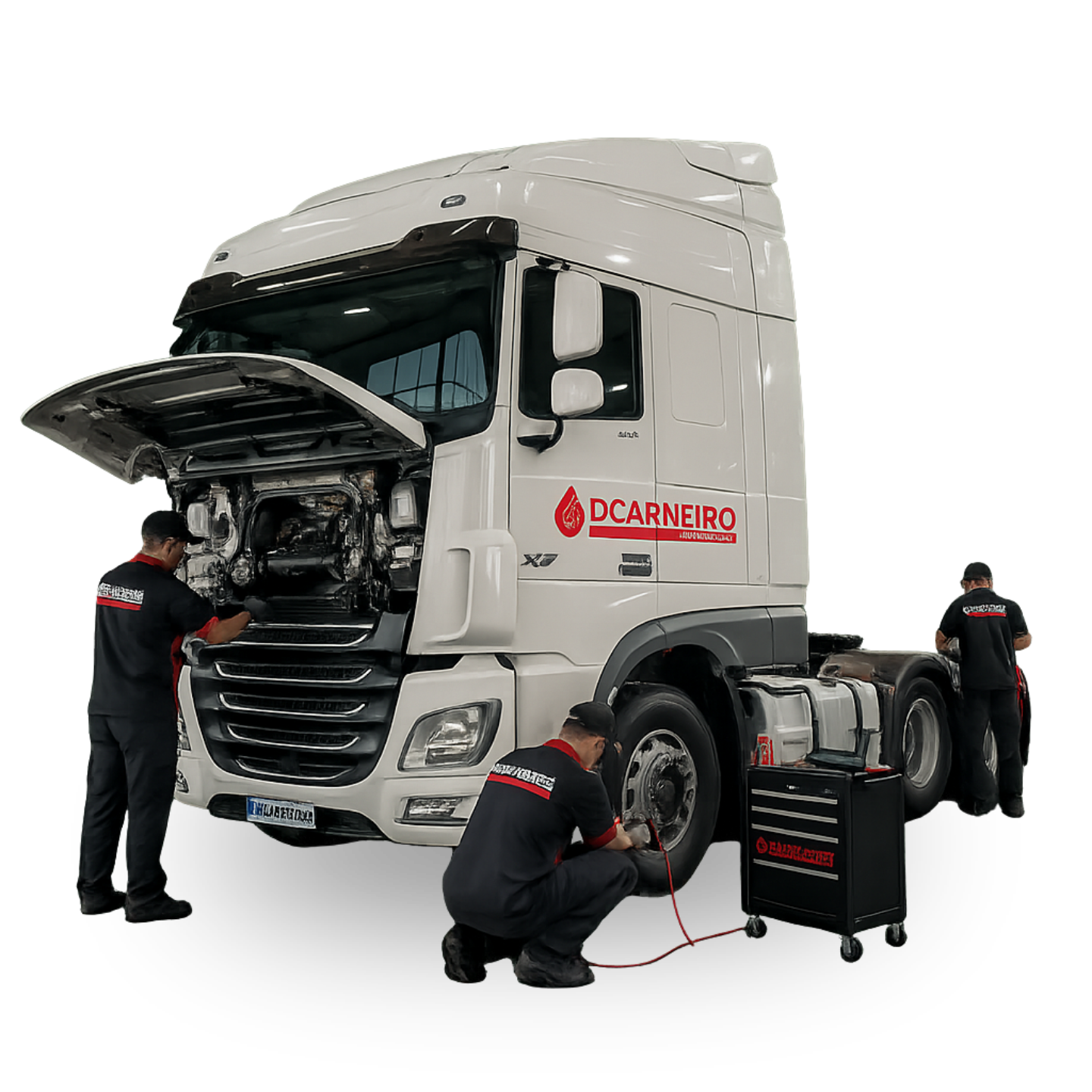 Equipe da DCarneiro Truckservice realizando manutenção em caminhão